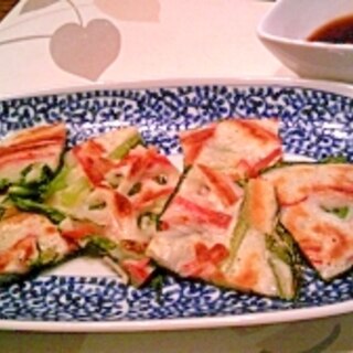 小松菜・カニカマのチヂミ風、スイチリポン酢で